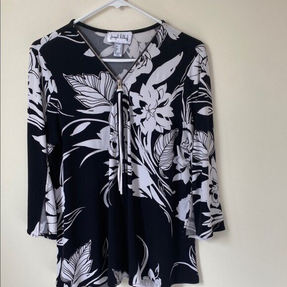 Joseph Ribkoff Black and White Asymmetrical Tie Front Blouse - Picture 1 of 5